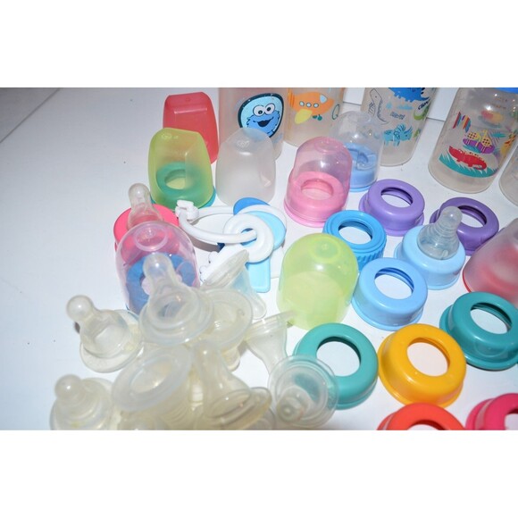 Vtg Plastic Baby Doll Bottle huge Lot Owl dinosaur cookie monster rings covers - Picture 8 of 9